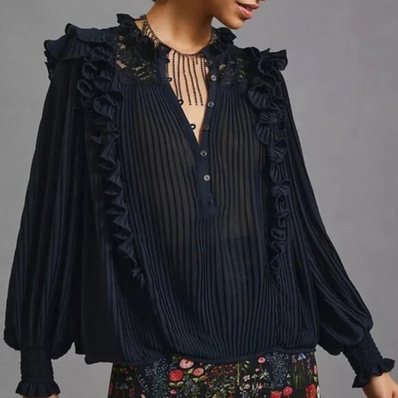 Anthropologie Sheer Pleated Ruffled Blouse Navy Blue | Corporate Goth | Size 1X - Picture 13 of 14
